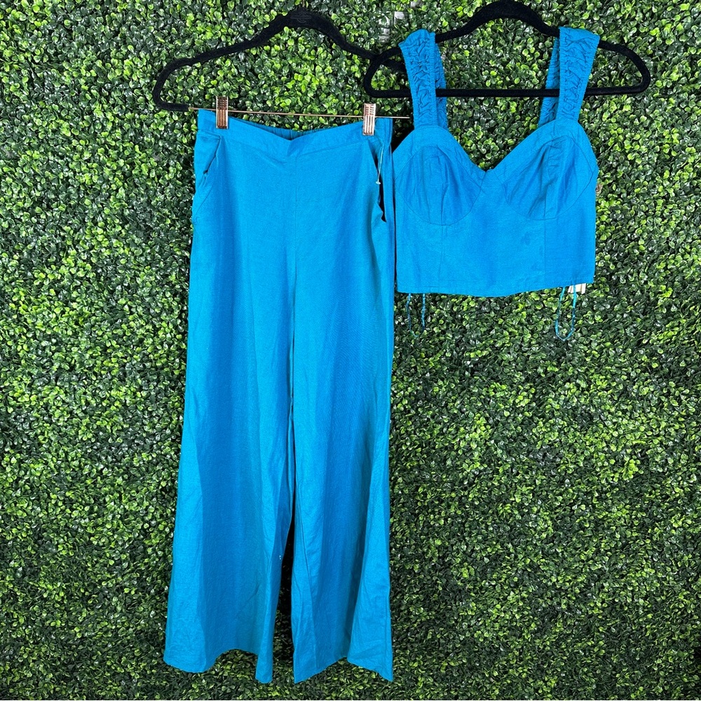Nwt Blue two piece‎ wide leg pant set Flax blend resort wear boutique